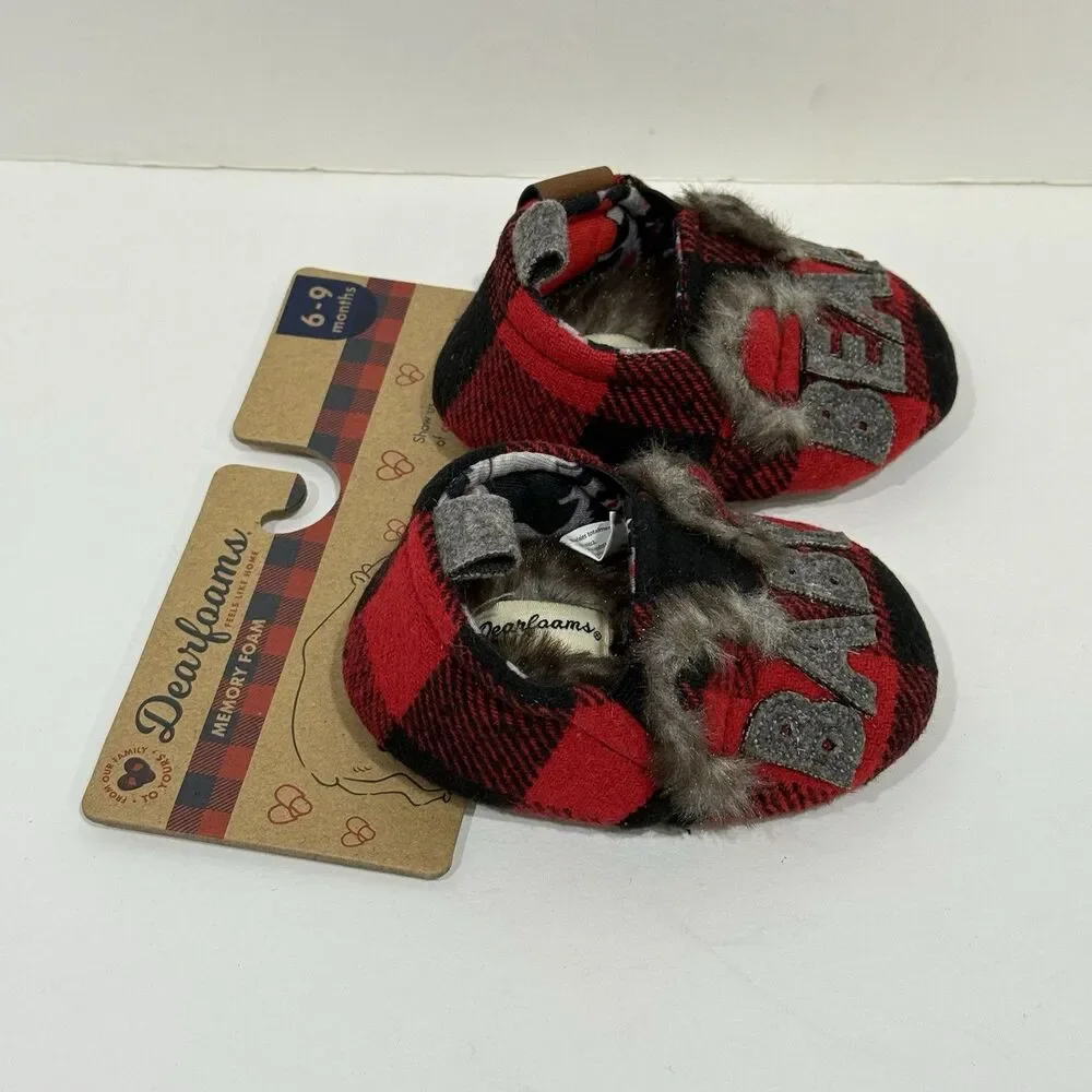 Dearfoams Unisex Kids' Slippers Baby Size 6/9 Months, Red Black Plaid NEW